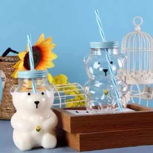 Classic Glass Tumbler Reusable Transparent Lid Straw for Home Office Hotel Use Cute Bear Shape Glass Cup