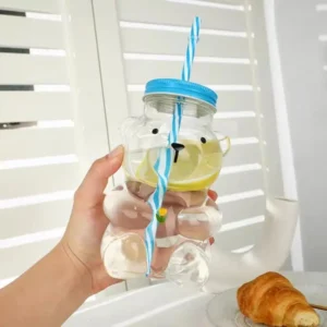 Classic Glass Tumbler Reusable Transparent Lid Straw for Home Office Hotel Use Cute Bear Shape Glass Cup