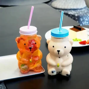Classic Glass Tumbler Reusable Transparent Lid Straw for Home Office Hotel Use Cute Bear Shape Glass Cup